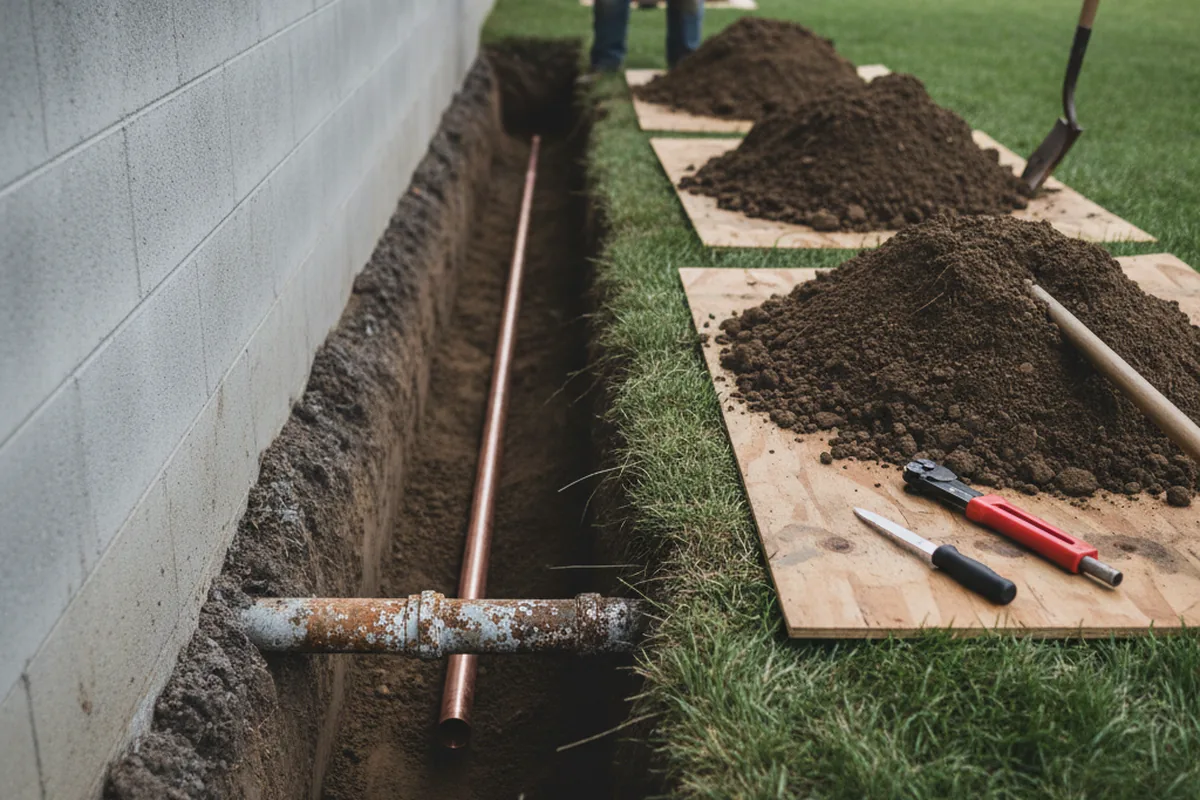 Excavated water line trench during Water Heater Repair in Rockville